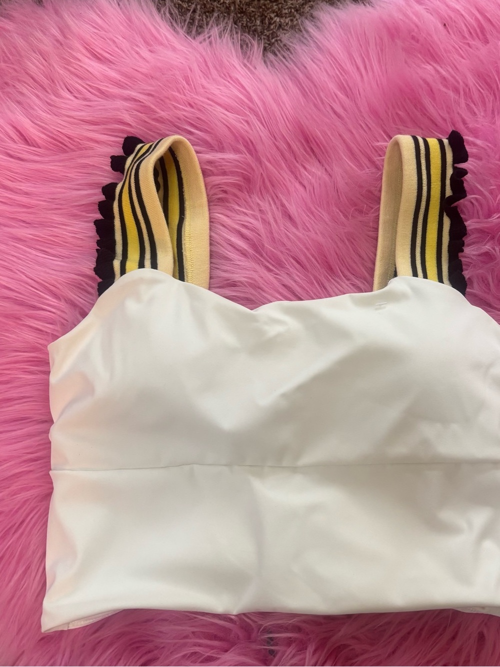 White Cropped Sports Bra | Striped Ruffle Straps | Medium